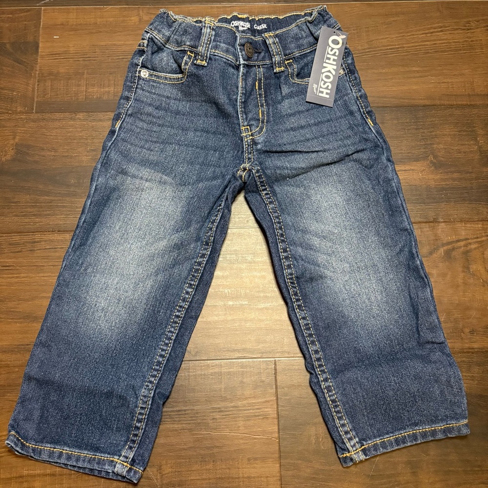 NWT OshKosh B'gosh 2T Classic Blue Kid Toddler Jeans with Adjustable Waist Strap